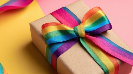Gift box wrapped in rainbow ribbon on vibrant pink and yellow background for LGBTQ+ events
