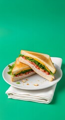 Close-up of a delicious sandwich with ham, lettuce, tomato, and cheese on a white plate against a vibrant green background