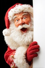 Surprised Santa Claus Peeking Around a Blank White Sign for Christmas Advertising or Holiday Celebration