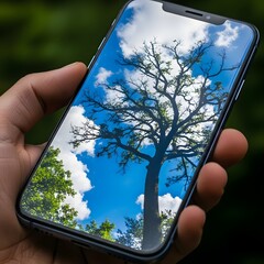 A person holding a smartphone with a clear display showing a vibrant image of a leafless tree against a bright blue sky with fluffy white clouds in the background