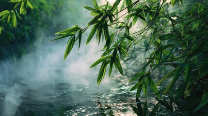 Lush green bamboo forest with mystical mist over water and sun rays, creating a serene and tranquil natural atmosphere.