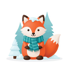 A cute cartoon fox wearing a blue scarf in a snowy winter forest scene with pine trees.