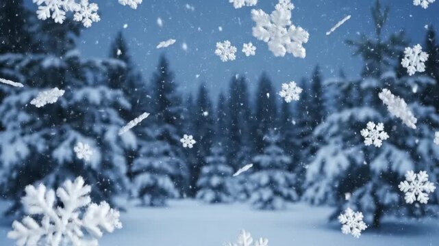 A peaceful winter forest scene with snow-covered trees and gently falling snowflakes captured during a cold night