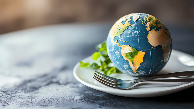 Globe Model on Plate with Fork and Spoon: A Concept of Global Cuisine, Sustainable Food Systems, and World Hunger Solutions