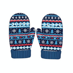 A pair of cozy knitted mittens with a festive winter pattern featuring snowflakes, Christmas trees, and geometric designs in blue, red, and white colors.