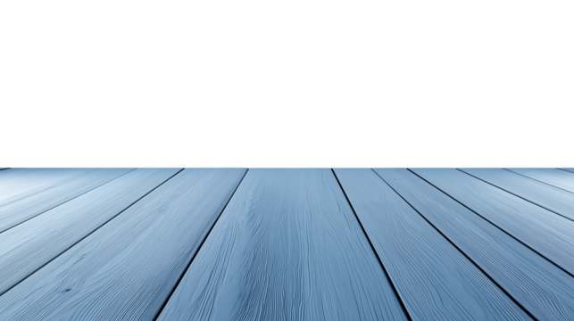 Minimalist wooden deck with light blue finish on transparent background