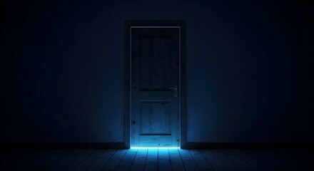A dark room with a closed wooden door illuminated by a mysterious blue light emanating from beneath it