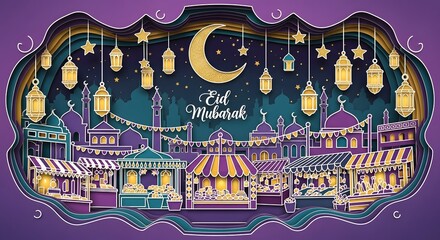 Vibrant Eid Mubarak paper cut art, Islamic festival celebration with festive market stalls, mosques, crescent moon, and lanterns.