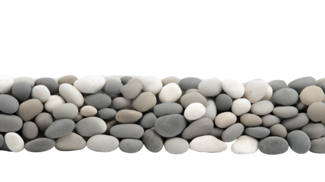 Row of smooth rounded pebbles in neutral tones on transparent background