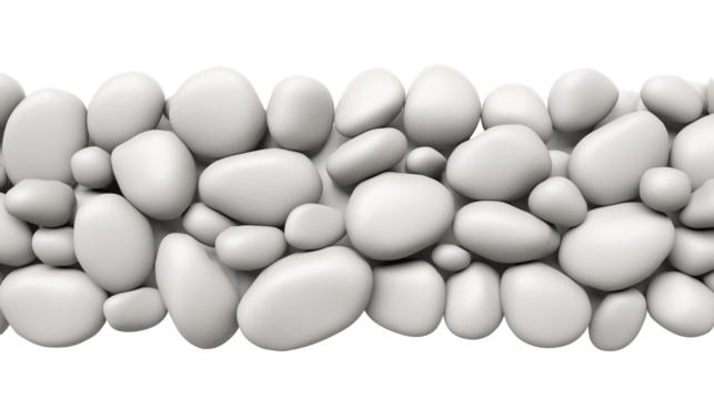 Meticulously arranged smooth rounded stones in a continuous horizontal line on transparent background