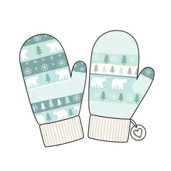 A pair of cozy winter mittens with a cute polar bear and pine tree pattern in blue and white colors.