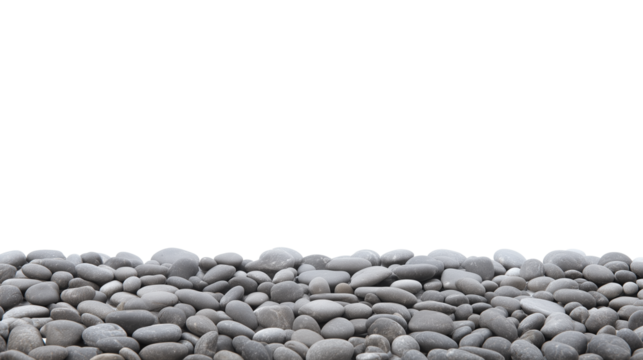 Close-up of densely packed smooth gray pebbles on transparent background