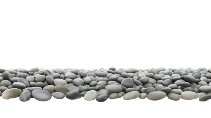 Close-up of smooth rounded pebbles in a linear formation on transparent background