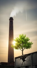 A surreal scene depicting a tree with visible roots growing on a rooftop against an industrial chimney emitting smoke with a bright sky and a streak of light or contrail in the background