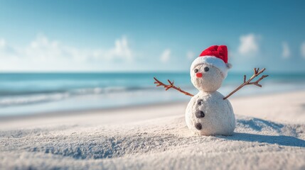 Tropical Christmas: Snowman on a Sandy Beach Celebrating Holiday Season with Ocean Background