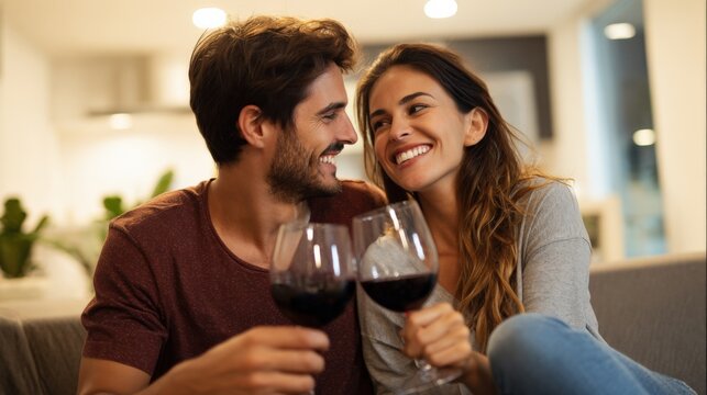 Happy Couple Toasting with Red Wine in Cozy Living Room, Celebrating Relationship Milestone