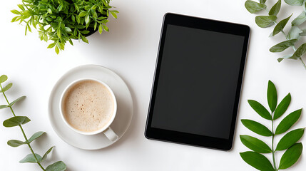 Cozy Workspace With Tablet and Coffee Surrounded by Greenery in a Bright Setting