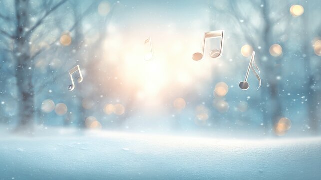Magical Winter Scene with Floating Music Notes, Snowy Landscape and Bokeh Lights Background, Festive Holiday Season