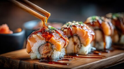 Sushi roll drizzled with sauce, served on wooden plate, representing Asian food delicacies, Japanese cuisine