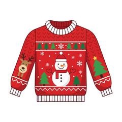 A festive red ugly Christmas sweater featuring a cheerful snowman, a happy reindeer, and green Christmas trees, perfect for holiday celebrations.