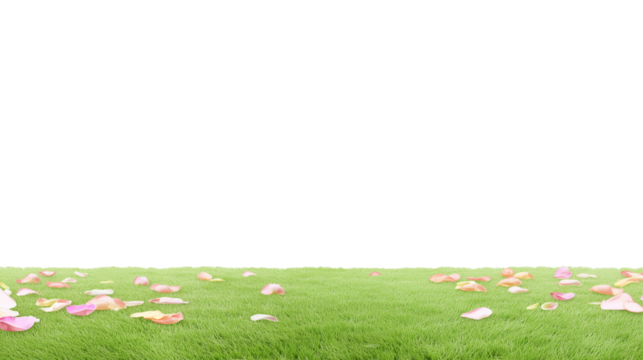 Well-maintained grassy field with scattered pink and white rose petals in natural daylight, isolated on transparent background