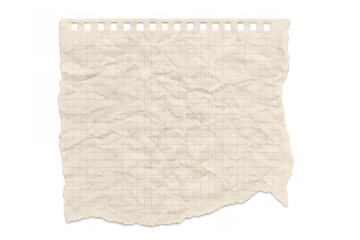 Crumpled graph paper sheet with torn edges, vintage texture, notebook page, transparent background