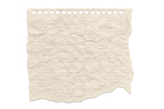 Crumpled graph paper sheet with torn edges, vintage texture, notebook page, transparent background
