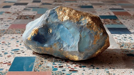 Abstract textured blue and golden mineral rock, raw natural gemstone on a decorative mosaic tile background, geology concept.