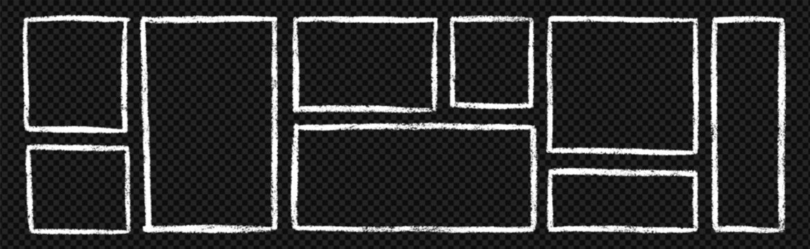 Chalk Frames and text boxes doodle set. Rectangle and square shapes, grunge crayon borders in sketch style. Hand drawn vector illustration isolated on black background
