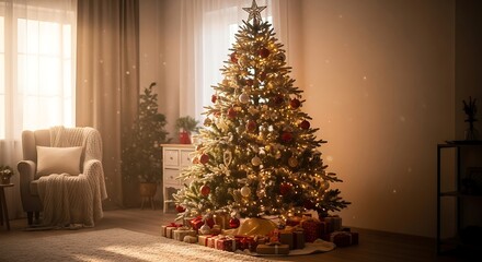 Beautifully Decorated Christmas Tree in a Cozy Living Room with Warm Sunlight.