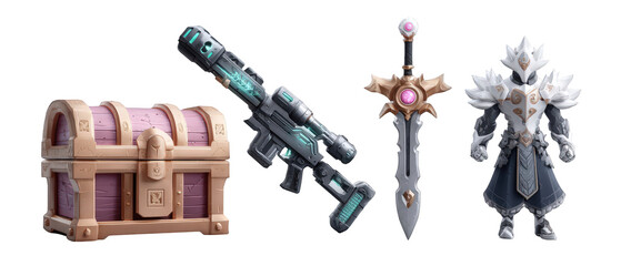 Fantasy-themed treasure chest, futuristic weapon, and ornate sword with character in a mystical setting