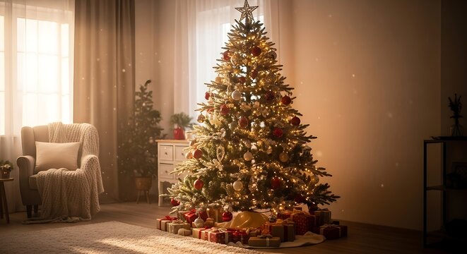 Beautifully Decorated Christmas Tree in a Cozy Living Room with Warm Sunlight. - Powered by Adobe