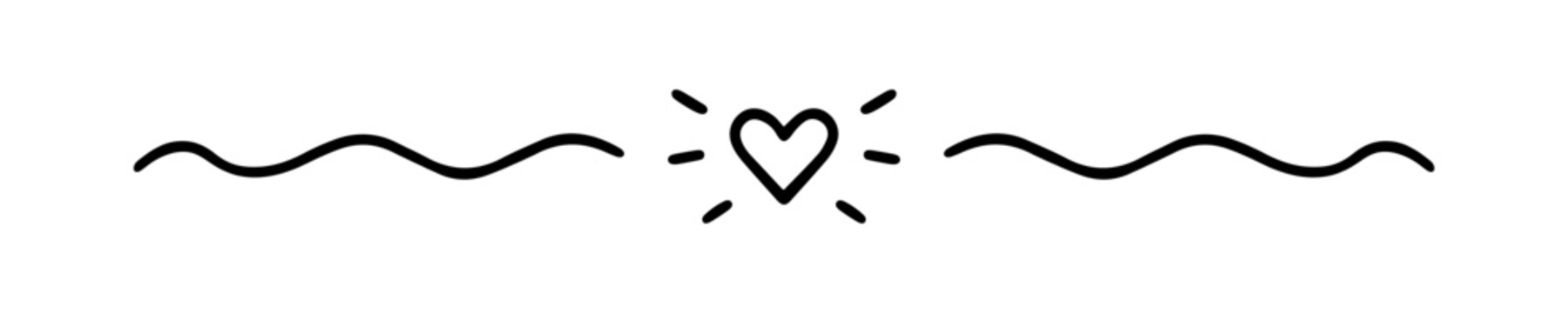 Text dividers with hearts doodle. Wedding decorative elements. Separate ornament, borders, lines. Hand drawn vector illustration isolated on a transparent background