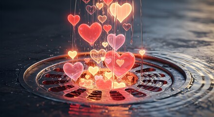 Colorful glowing hearts emerging from a drain with water ripples creating a magical and romantic atmosphere