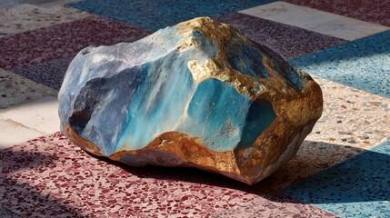 Large unpolished blue and brown natural stone or mineral specimen on a tiled floor, showcasing rough texture and geological beauty.