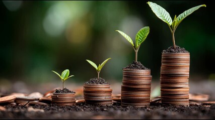 Growth of Plants Next to Coins in Garden Showing the Concept of Investment and Sustainable Development - Powered by Adobe