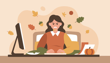 Stressed woman typing at her fall desk autumn work burnout pressure and seasonal deadlines concept