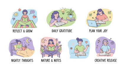 Wellness and selfcare routine icons woman writing gratitude planning and reflection in journals