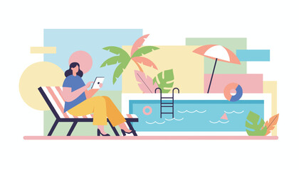 Digital nomad relaxing by the pool with a tablet flat illustration