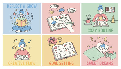Fototapeta premium Cute doodle set of selfcare activities mental wellness goal setting journaling and daily routines