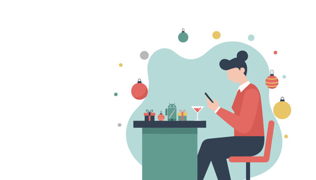 Woman uses smartphone during a festive holiday event surrounded by gifts and Christmas ornaments