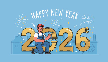 Worker repairs New Year 2026 numbers Celebration of labor service and new beginnings