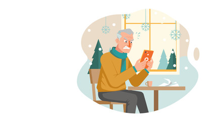 Angry senior man frustrated with smartphone technology indoors during winter