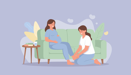 Prenatal care Woman relaxing on couch receives comforting foot massage at home