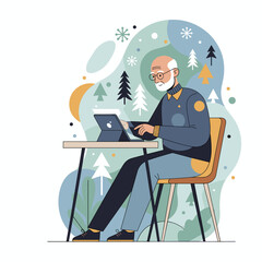 Elderly man uses a digital tablet for work or leisure with a cozy winter nature background