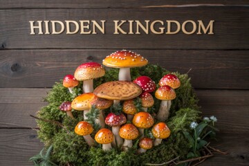 Cluster of colorful mushrooms growing on green moss