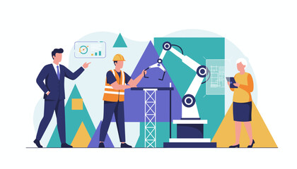 Professionals plan automation with an industrial robot Future of engineering and industry