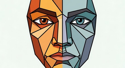 Geometric Human Face Split in Warm and Cool Tones.