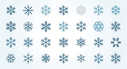 Collection of Diverse Blue Snowflakes on a Light Blue Background.