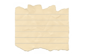 Old lined paper torn blank sheet with crumpled texture and ragged edges for note or message, transparent background